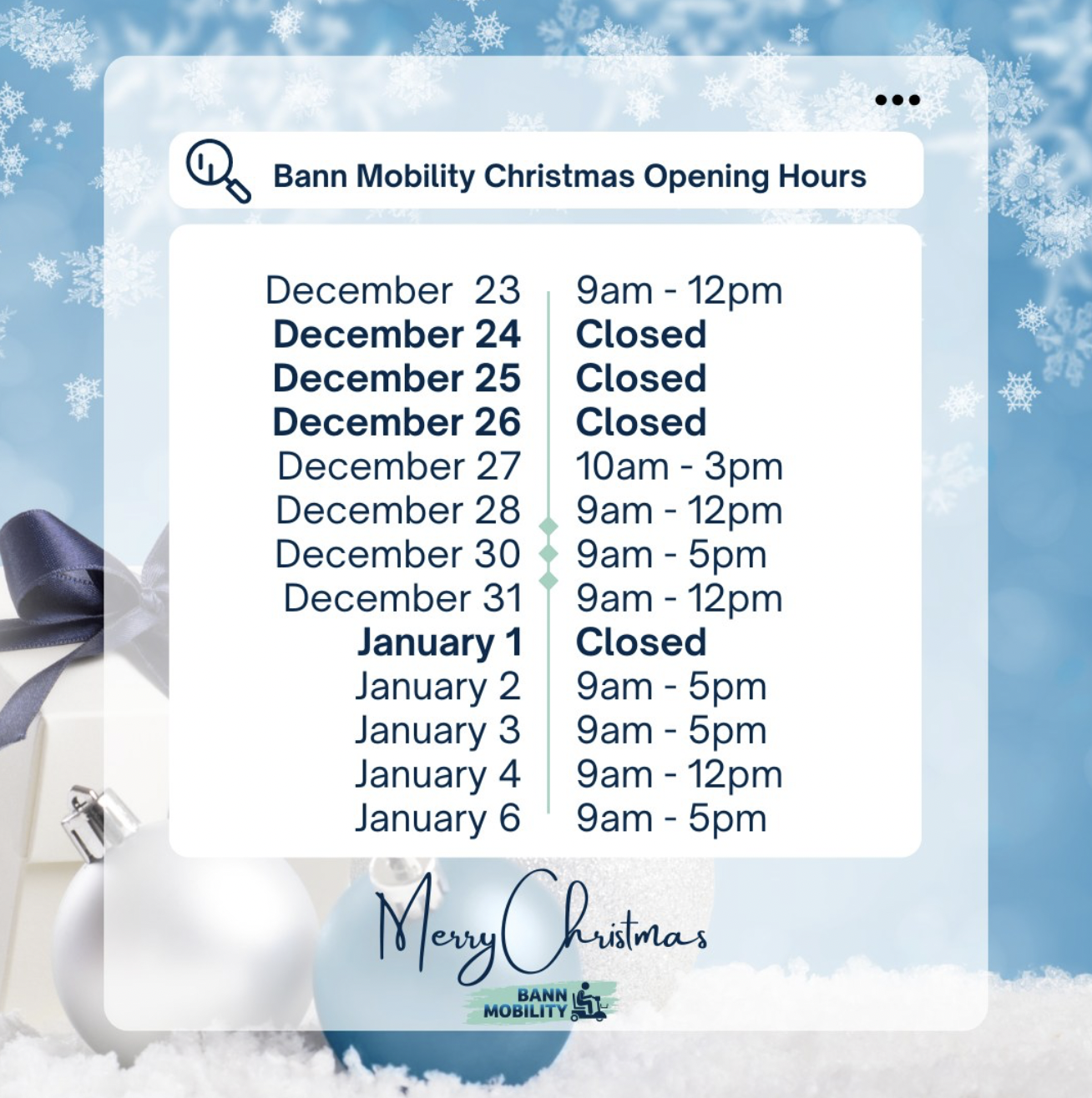 2024 Christmas Opening Hours Bann Mobility Portadown