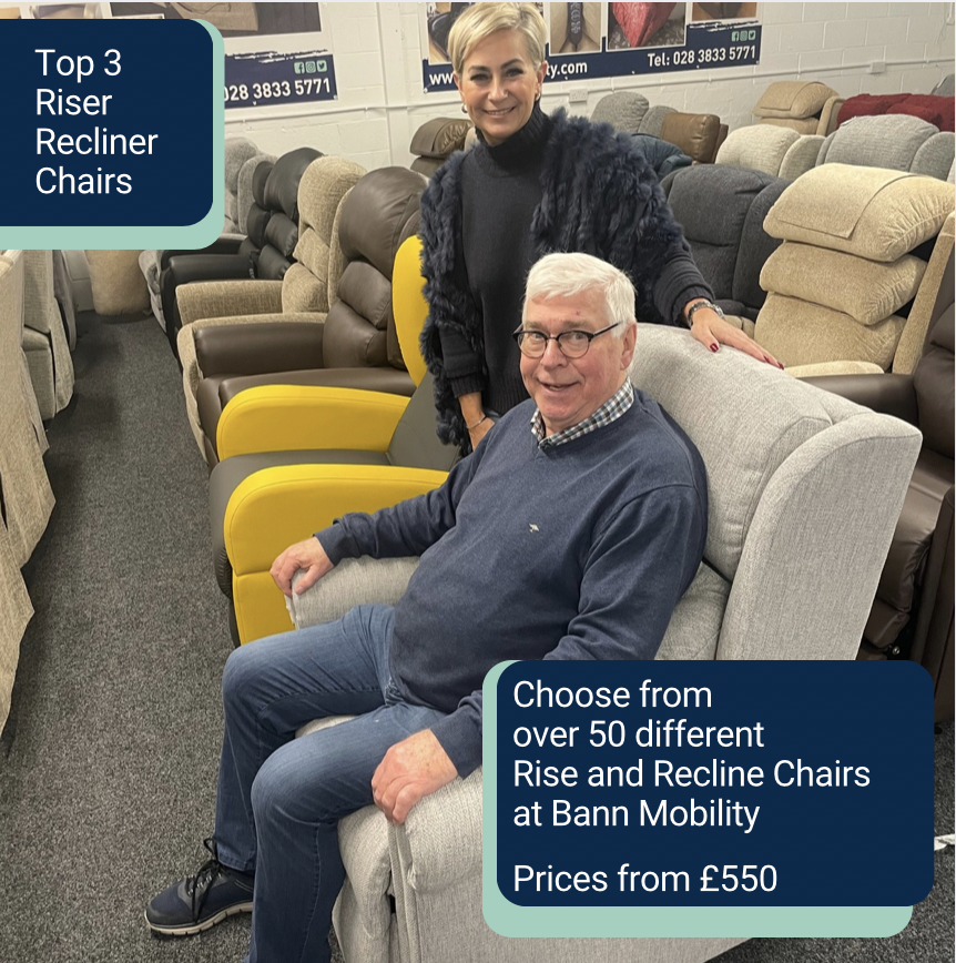 Founder of Bann Mobility John Knipe pictured with Jill in the riser recliner chair showroom at Bann Mobility Portadown