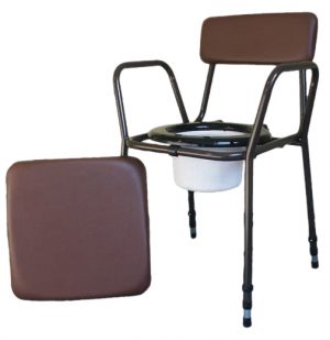 Free standing commode with fixed arms