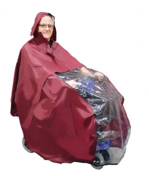 Waterproof poncho for person sitting on a mobility scooter